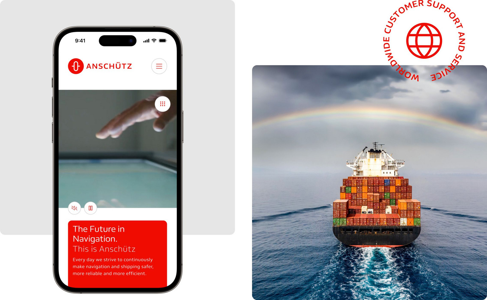 Zweigeteiltes Bild: Links ein Smartphone mit der Anschütz Website, rechts ein Foto eines Frachtschiffes unter einem Regenbogen.