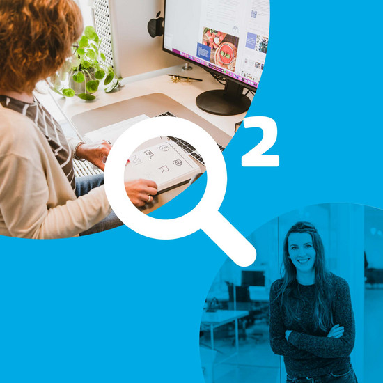 Familie und Beruf Collage: Grafikerin blöttert durch Icon-Katalog und Porträt