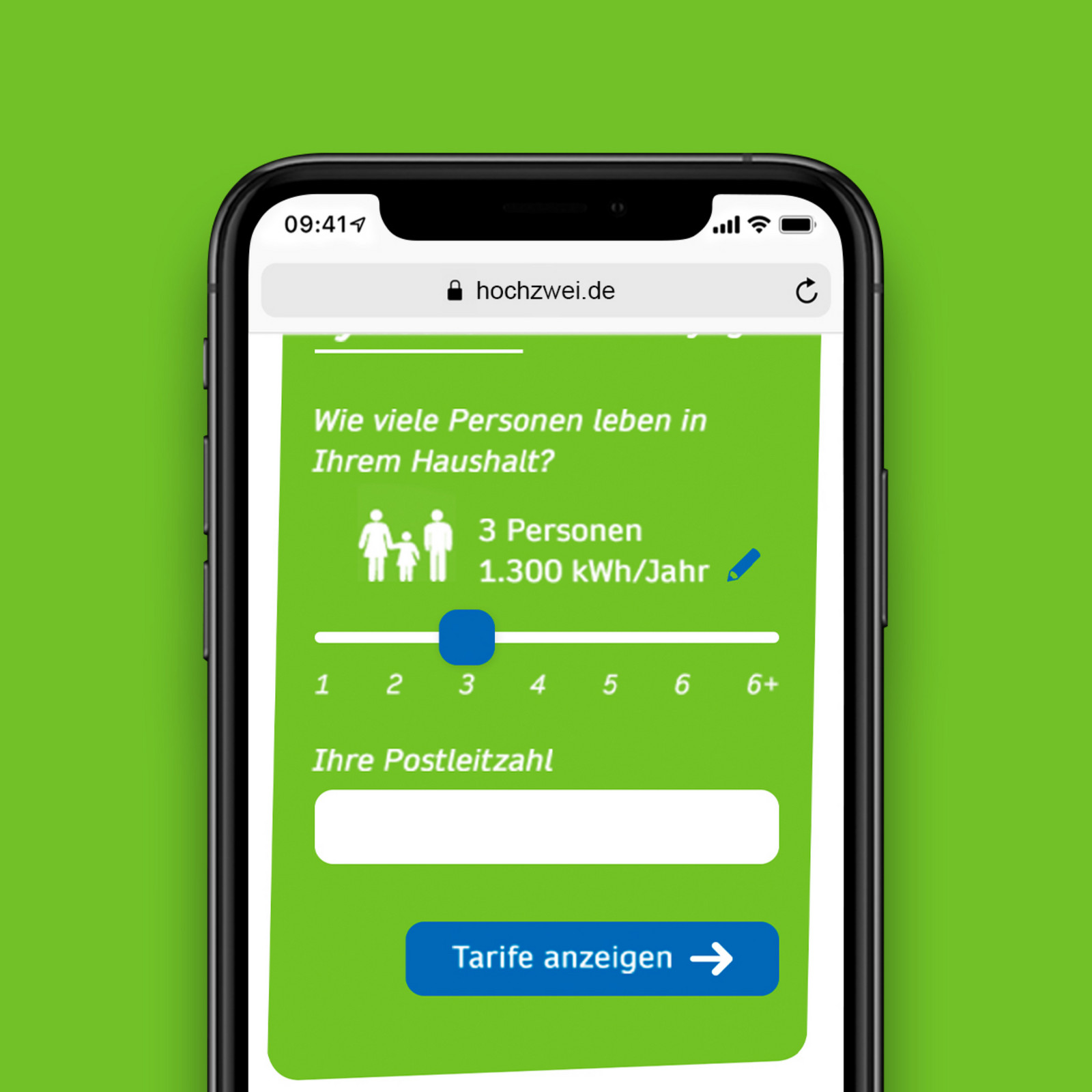 hochzwei_evs_teaser_05.jpg Smartphone zeigt Website von EVS mit grünem Stromrechner und Frage