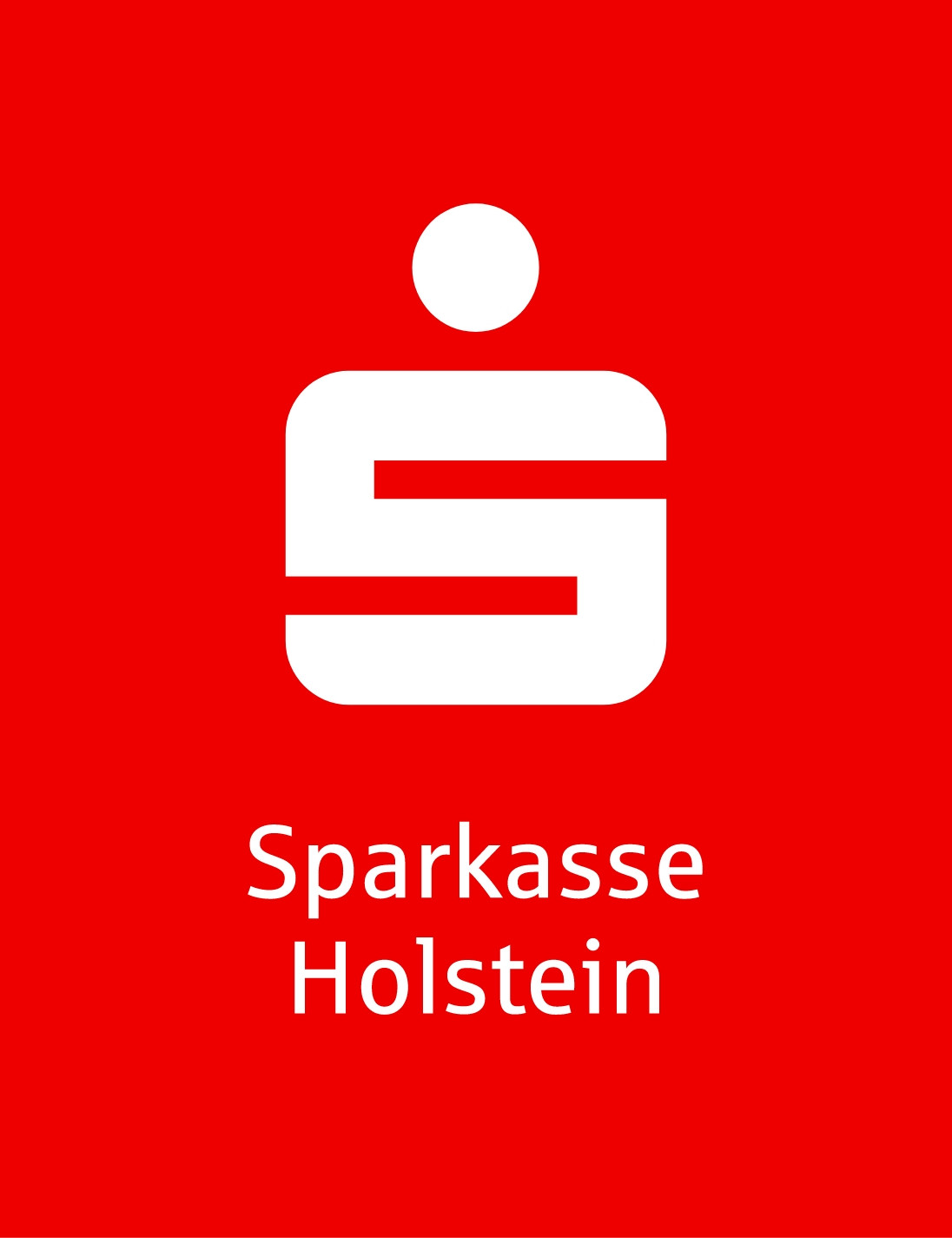 Sparkassenlogo S mit Punkt darüber mit dem Schriftzug Sparkasse Hosltein weiß auf rot