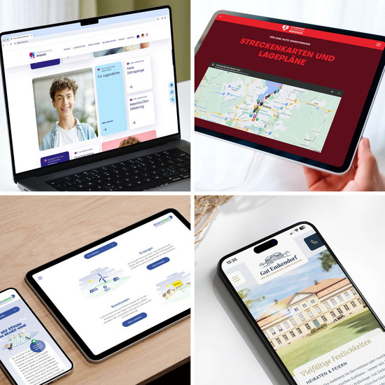Beispielbild mit verschiedenen Screendesigns auf verschiedenen Geräten abgebildet. Ein Laptop mit Praxis Ahlefeldt, ein Tablet mit Flensburg Marathon, ein Tablet und ein Smartphone mit Regiogröön und ein Smartphone mit gut Emkendorf