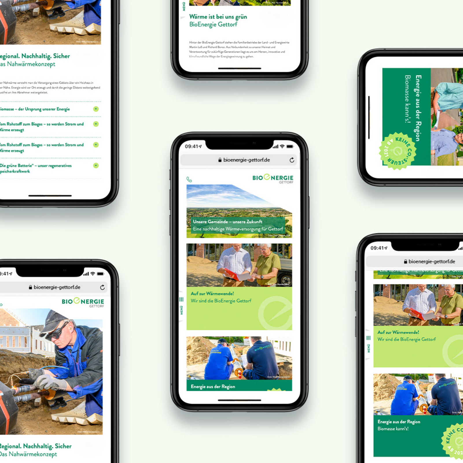 hochzwei_agrar_teaser_05.jpg Collage mehrerer Smartphones zeigt Website von Bioenergie Gettorf