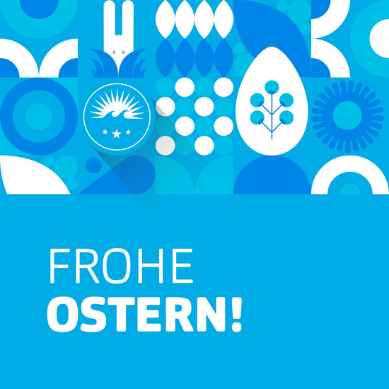 Eggstralang Blaue Kachel, Ostereier und- hase, Slogan: Frohe Ostern!