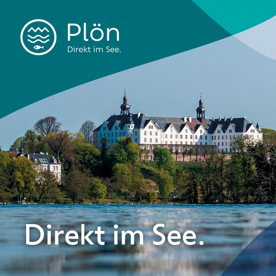Foto vom Plöner Schloss aus Richtung Plöner See fotografiert. Oben links in der Ecke ist das neue Stadt Plön Logo abgebildet. Ein Kreis mit von oben nach unten einer gezackten Linie, zwei gewellten Linien und einem Fisch. Daneben der Schriftzug "Plön - Direkt im See." Im unteren Bereich des Fotos steht auch nochmal "Direkt im See."