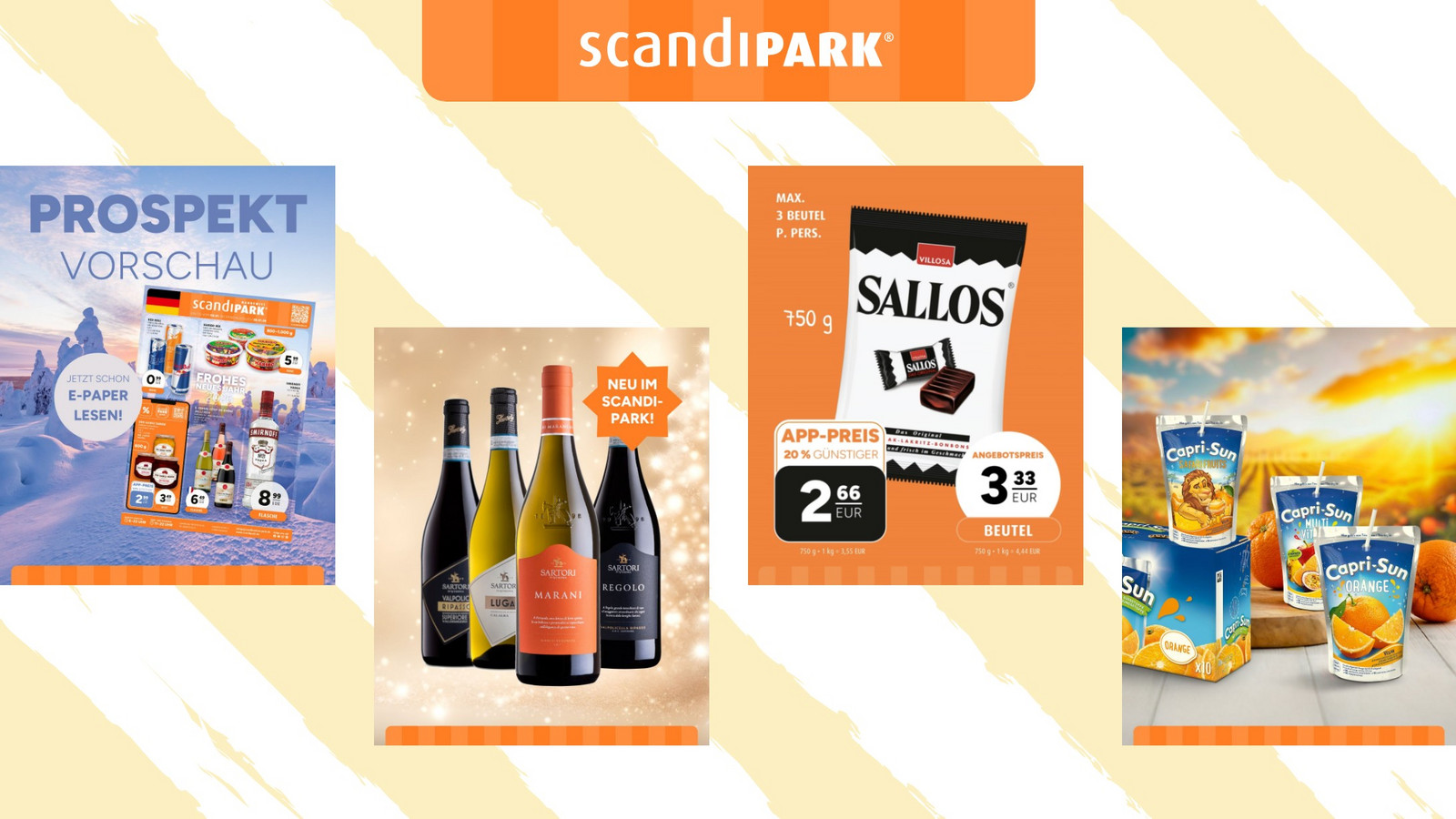 Verschiedene Social Media Grafiken für den Scandinavian Park mit Wein, Lakirtzbonbons und Trinkpäckchen