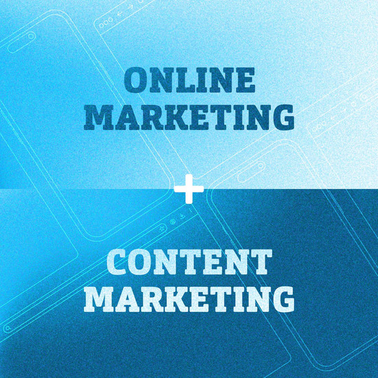 Blaue Grafik mit den Schriftzügen Onlinemarketing und Contentmarketing