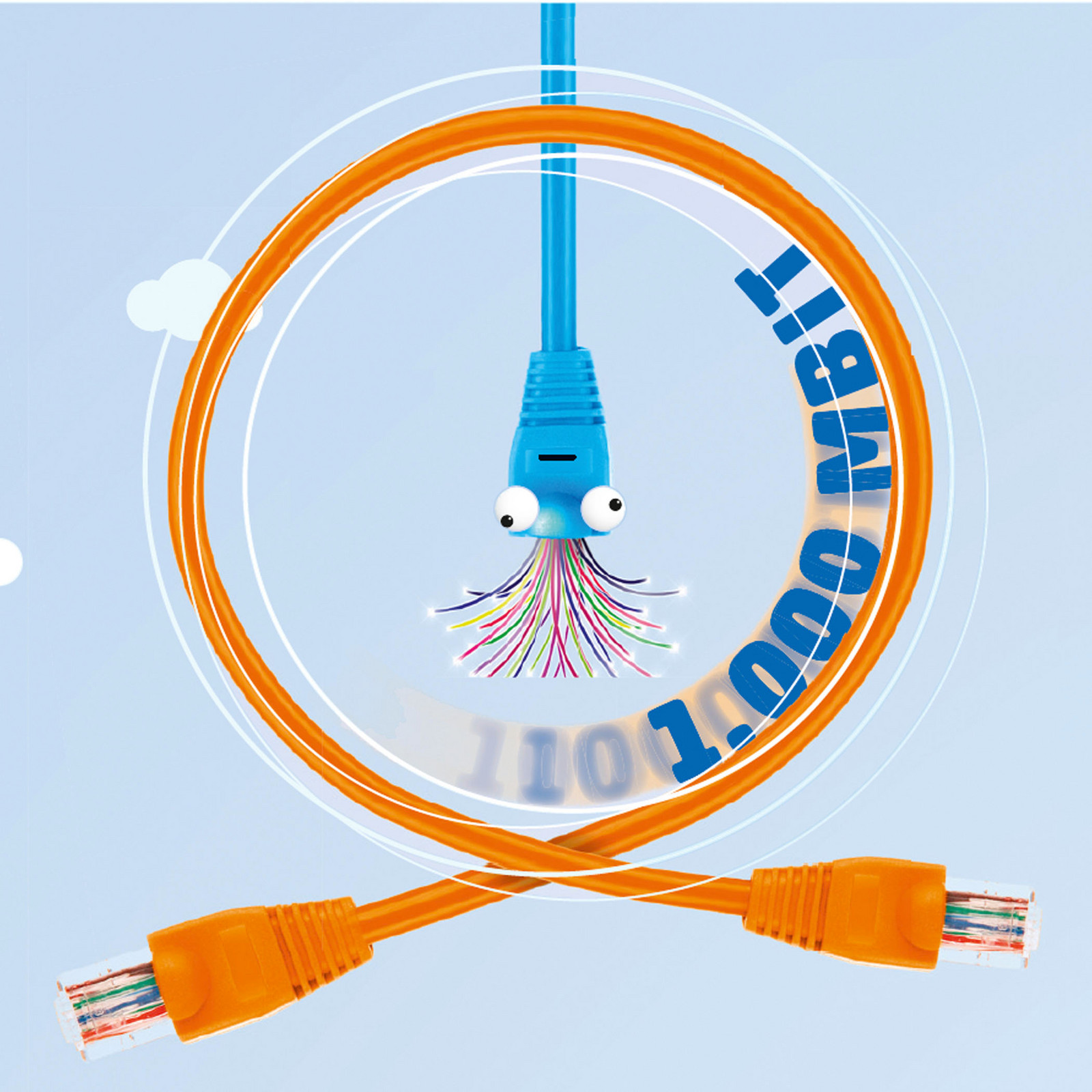 hochzwei_breitband_teaser_03.jpg Orangefarbenes Kabel und lustiges blaues Glasfaserkabelgesicht