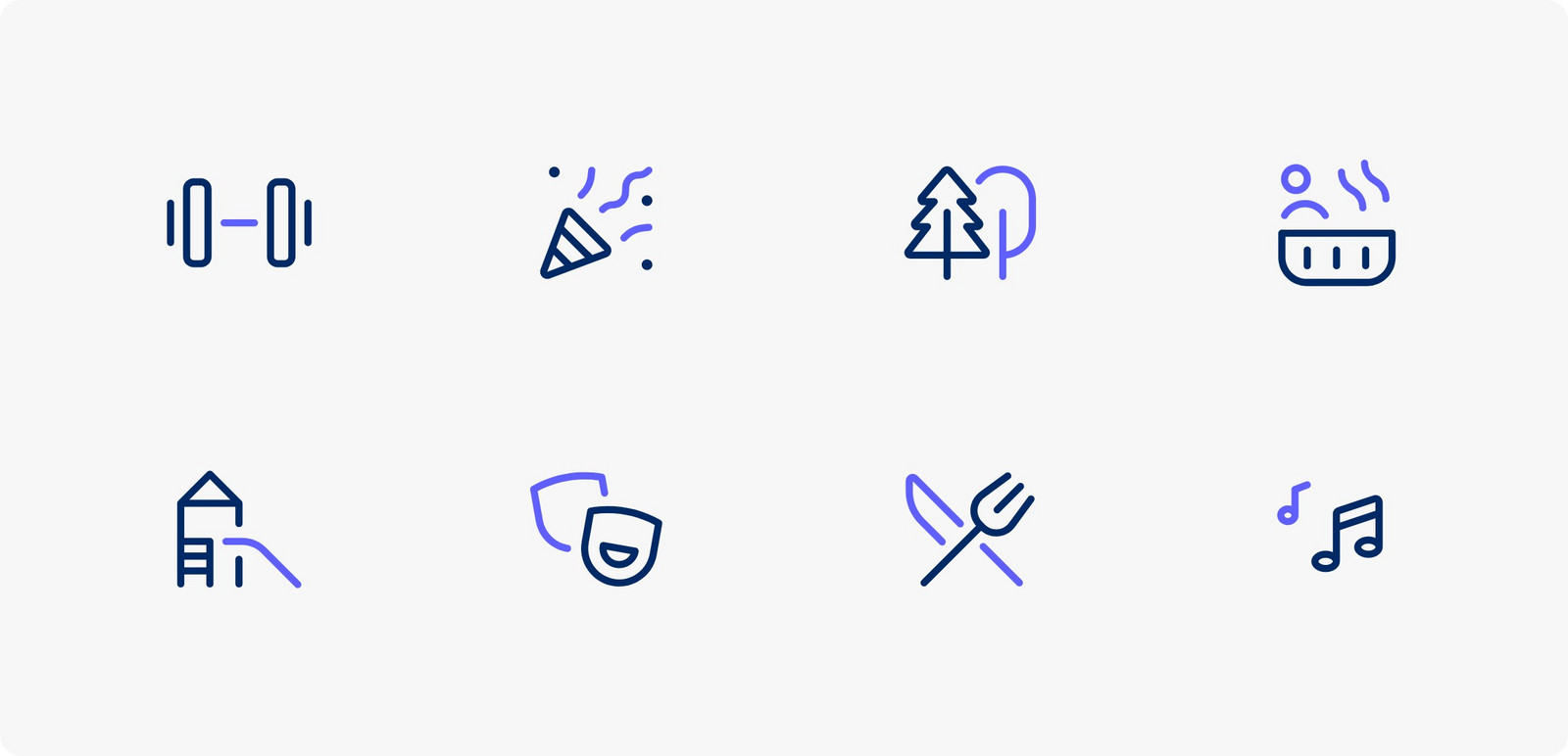 Verschiedene minimalistische Icons zu den Themen: Kraftsport, Party, Natur, Wellness, Spielplatz, Theater, Essen und Musik