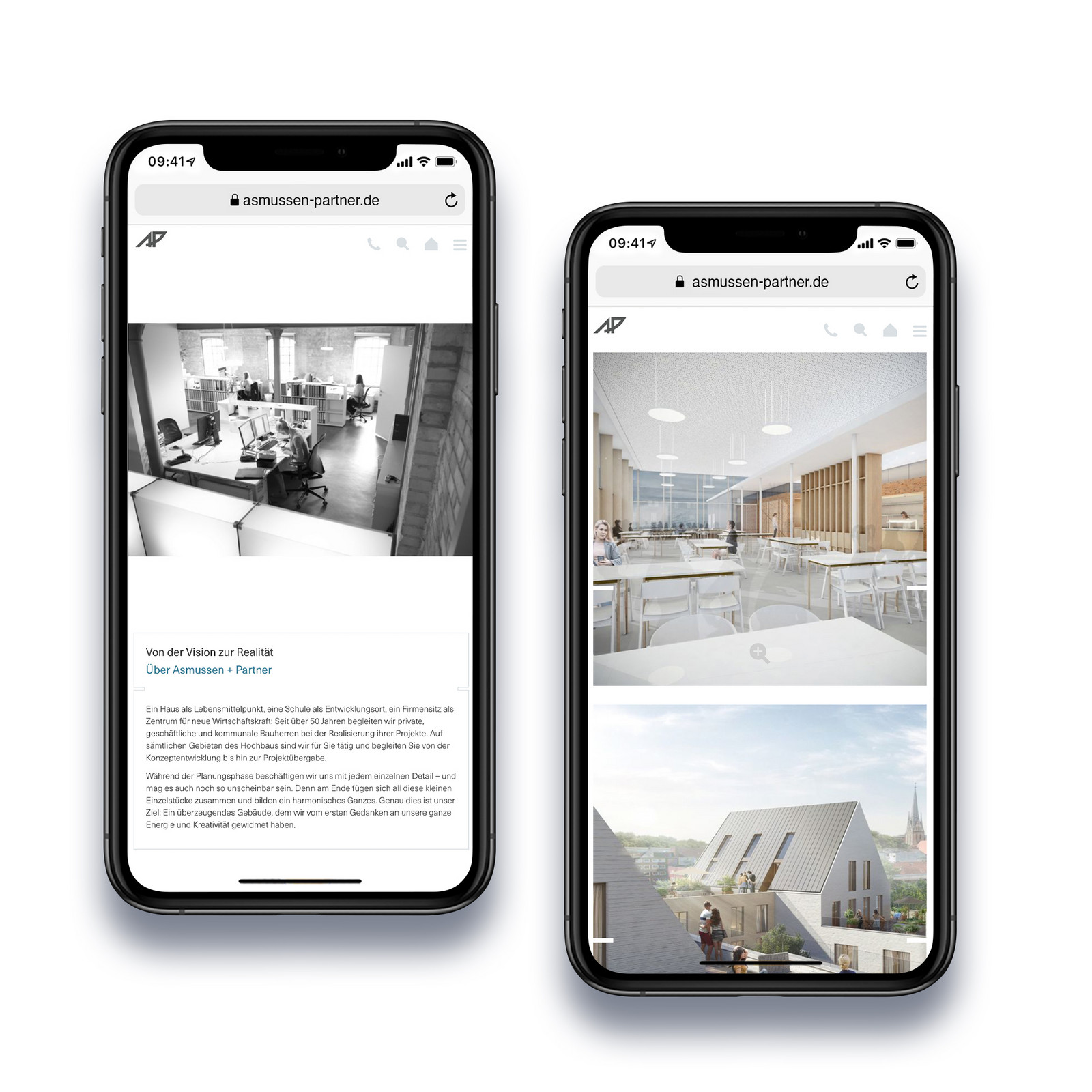 hochzwei_aspa_teaser_03.jpg Zwei Smartphones zeigen Website von asmussen-partner.de vor weißem Hintergrund