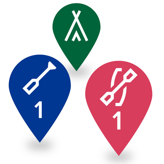 Drei Verortungsicons: Schaufel auf blau, Zelt auf Grün und Paddel auf Rot