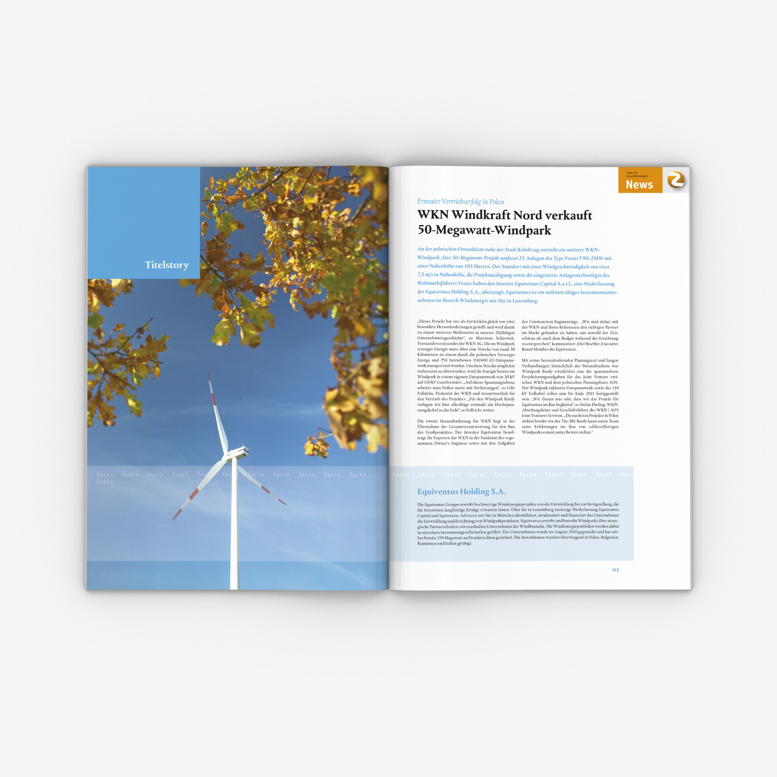 Doppelseite mit großem Foto einer Windkraftanlage links und Text rechts