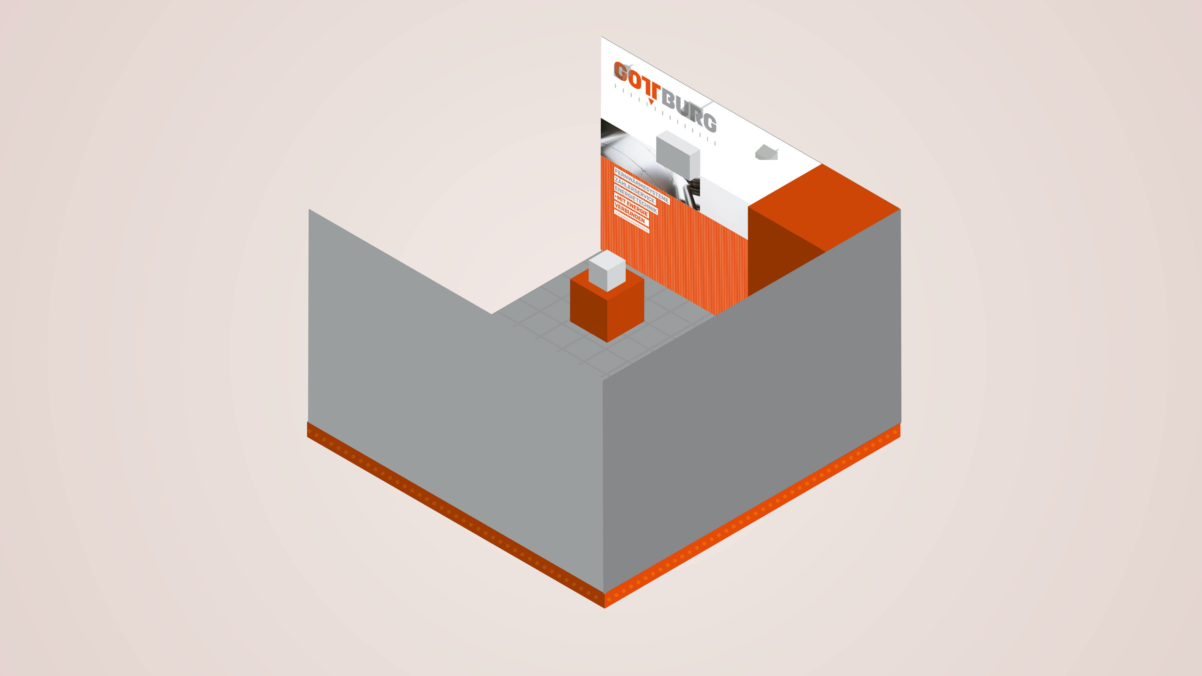 Visualisierter Messestand von Gottburger in grau orangenen Farben