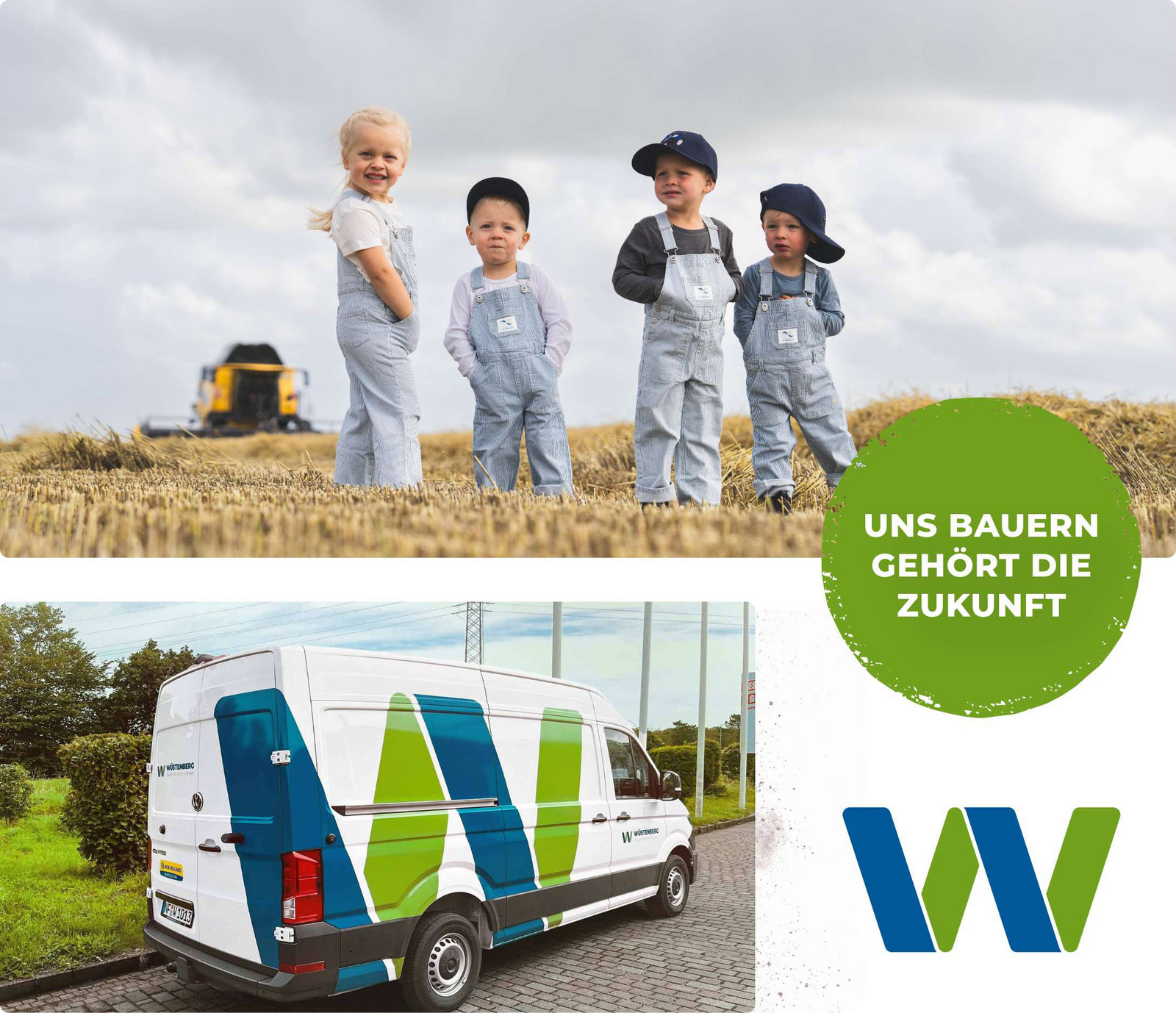 hochzwei_wbl_teaser_11.jpg 3er-Bild: vier Kinder stehen in Latzhosen auf einem abgemähten Acker, ein Transporter mit dem Wüstenberg-Logo und das große W des Wüstenberg-Logos