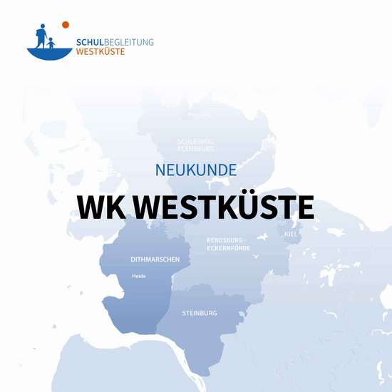 Karte von Schleswig-Holstein, auf der die einzelnen Kreise in verschiedenen Hellblautönen hervorgehoben sind. Oben links das Logo der Schulbegleitung Westküste - ein Erwachsener und ein Kind als Umriss in dunkelblau. Im Vordergrund steht groß Neukunde WK Westküste.