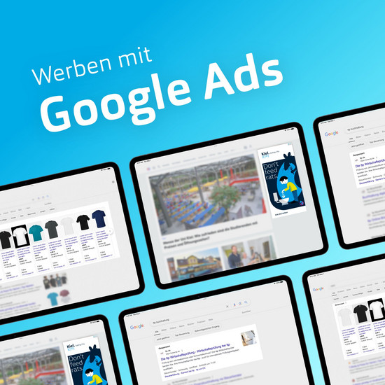 Eine Übersicht verschiedener Google Ads und der Schriftzug "Werben mit Google Ads"