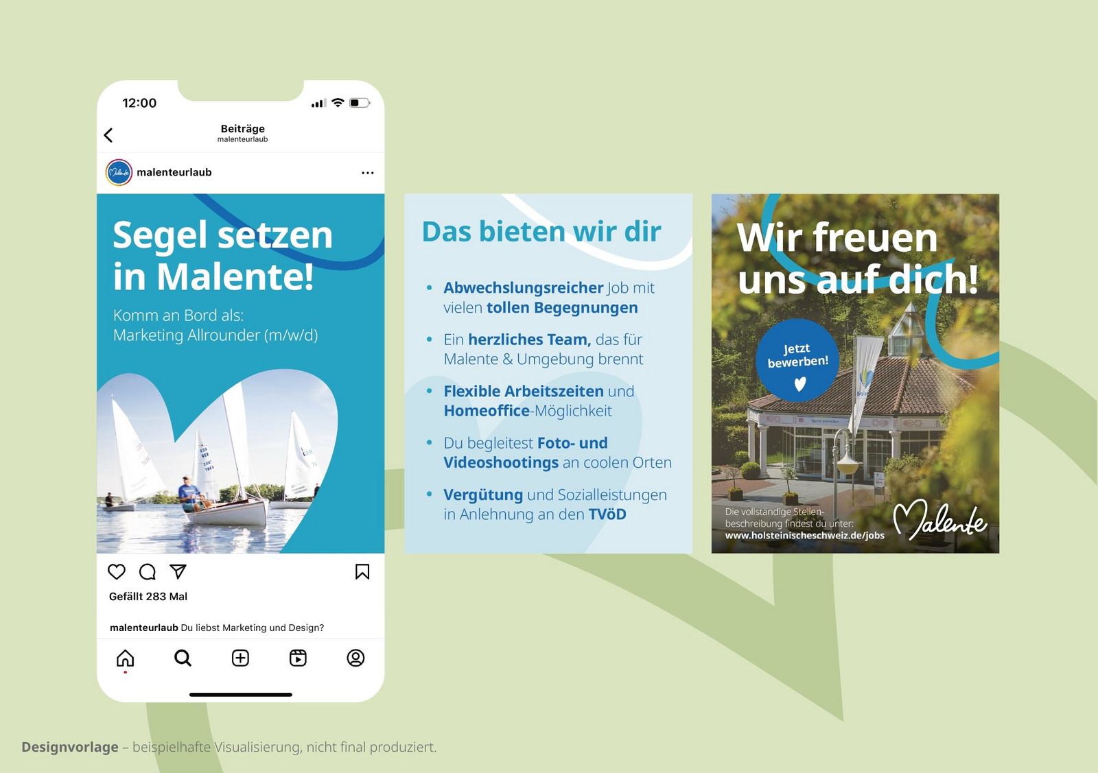 Drei Slides eines Instagram Posts über eine Stellenausschreibung im Marketing in Malente
