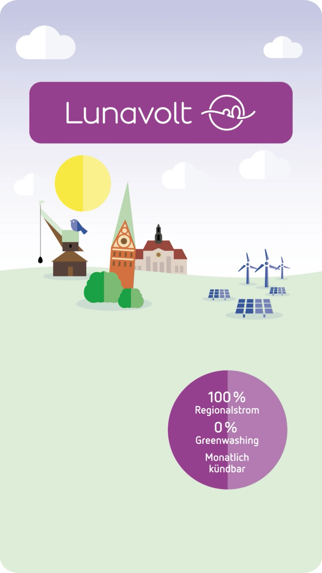 Ein lilaner Button mit der Aufschrift 100% Regionalstrom 0% greenwashing