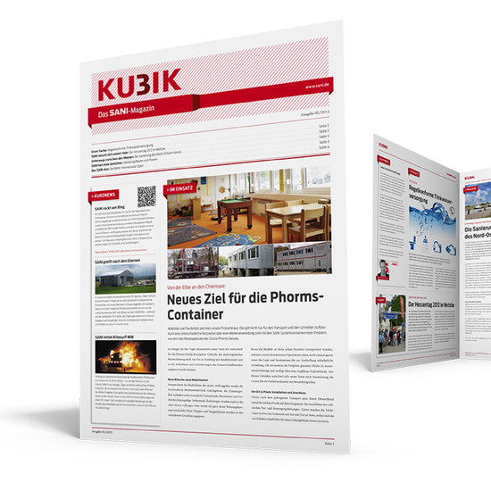Weißes Kubik Magazin mit roter Überschrift