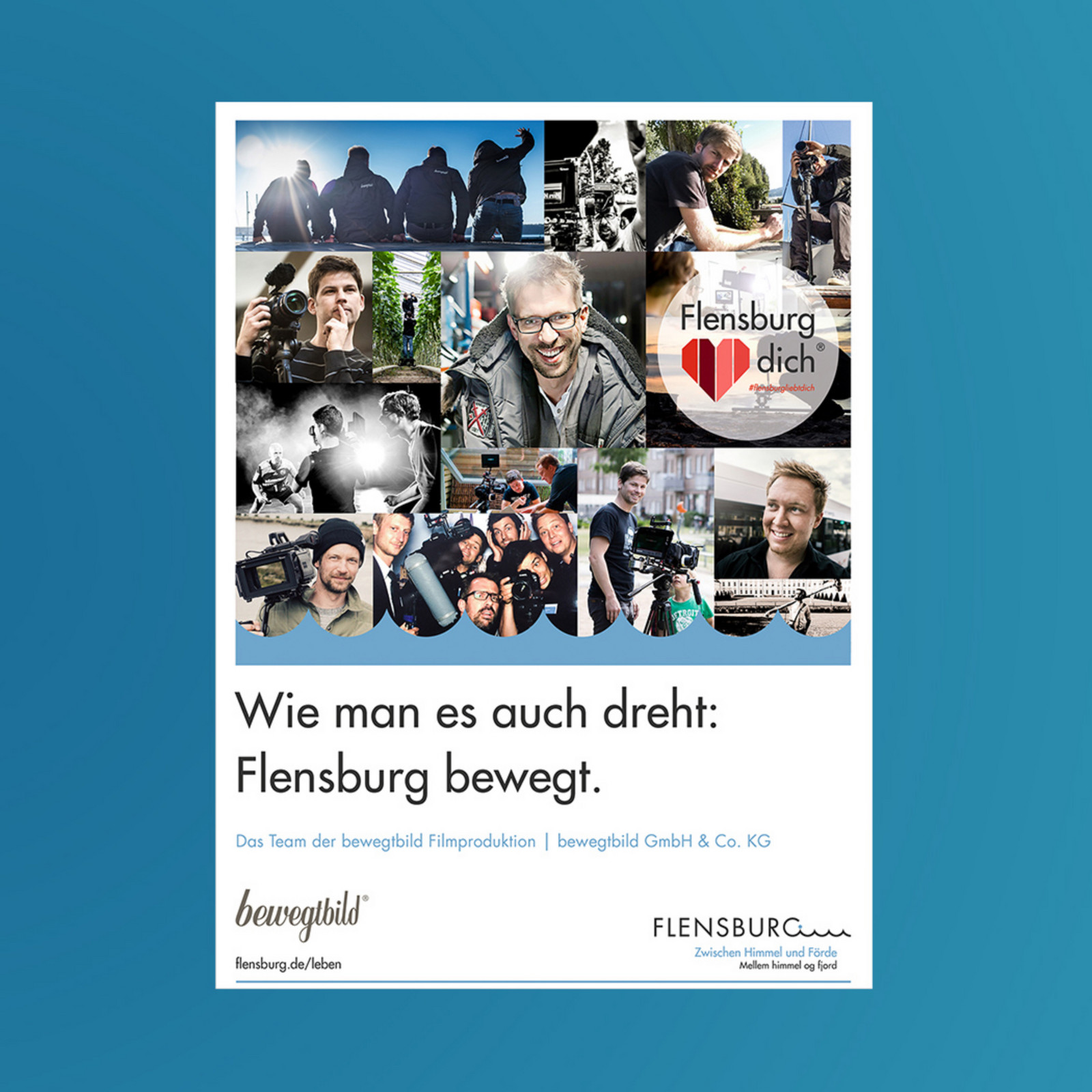 Collage von bewegtbild mit Kameraleuten, Flensburglogo und Text 