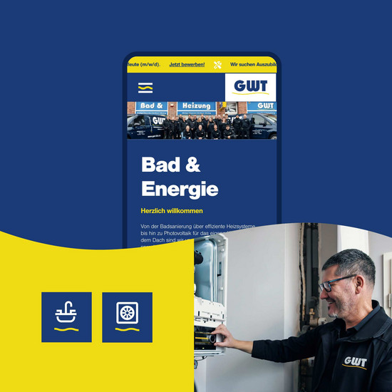 Ein blauer und gelber Hintergrund mit einem Mann rechts im Bild sowie einem Handy im oberen Bereich