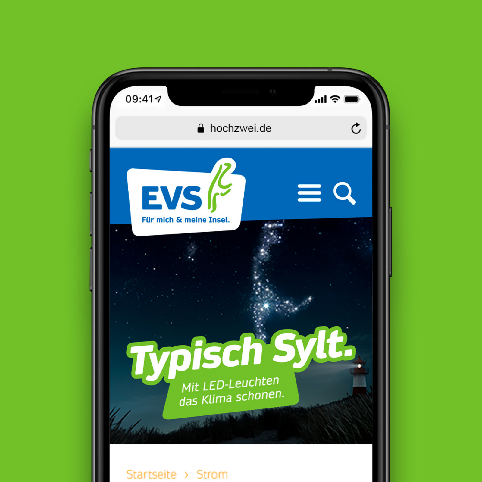 hochzwei_evs_teaser_01.jpg Smartphone zeigt Website von EVS mit Sternenbild in Syltform und Text