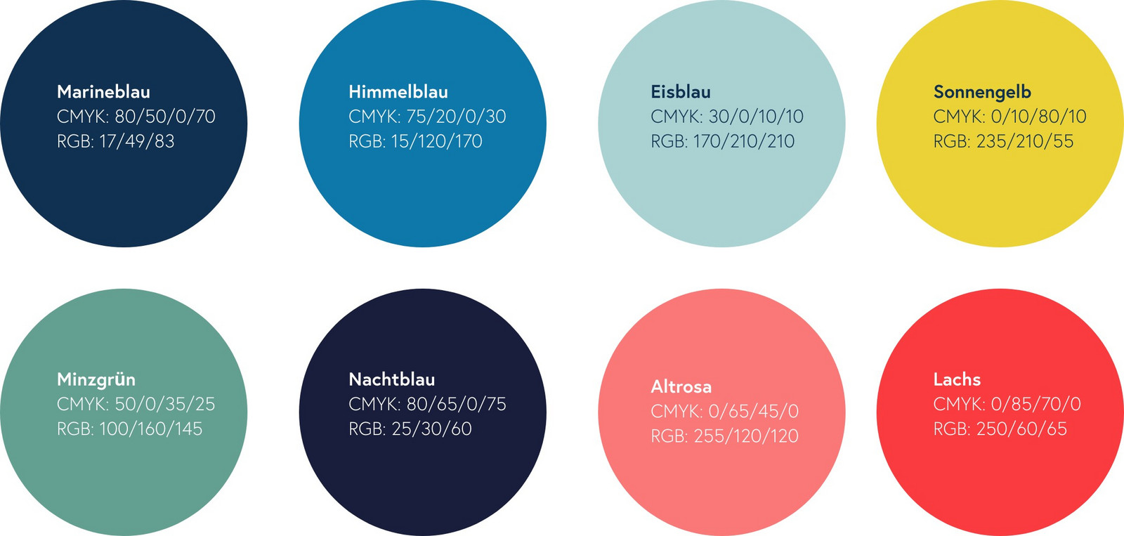h2_upt_teaser_05.jpg Übersicht der verwendeten Farben. Marineblau, Himmelblau, Eisblau, Sonnengelb, Minzgrün, Nachtblau, Altrosa, Lachs.