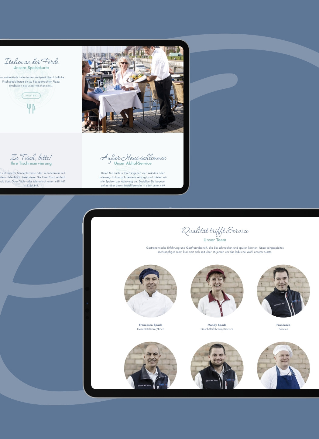 hochzwei_odore_teaser_09.jpg Zwei Tablets auf blauem Hintergrund, die Einblicke in die neue Website zeigen