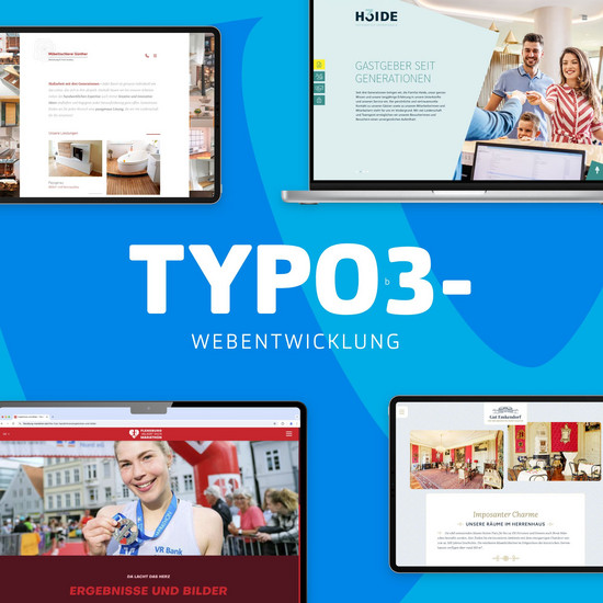 Blauer Hintergrund und 4 Websites; Text: TYPO3-Webentwicklung