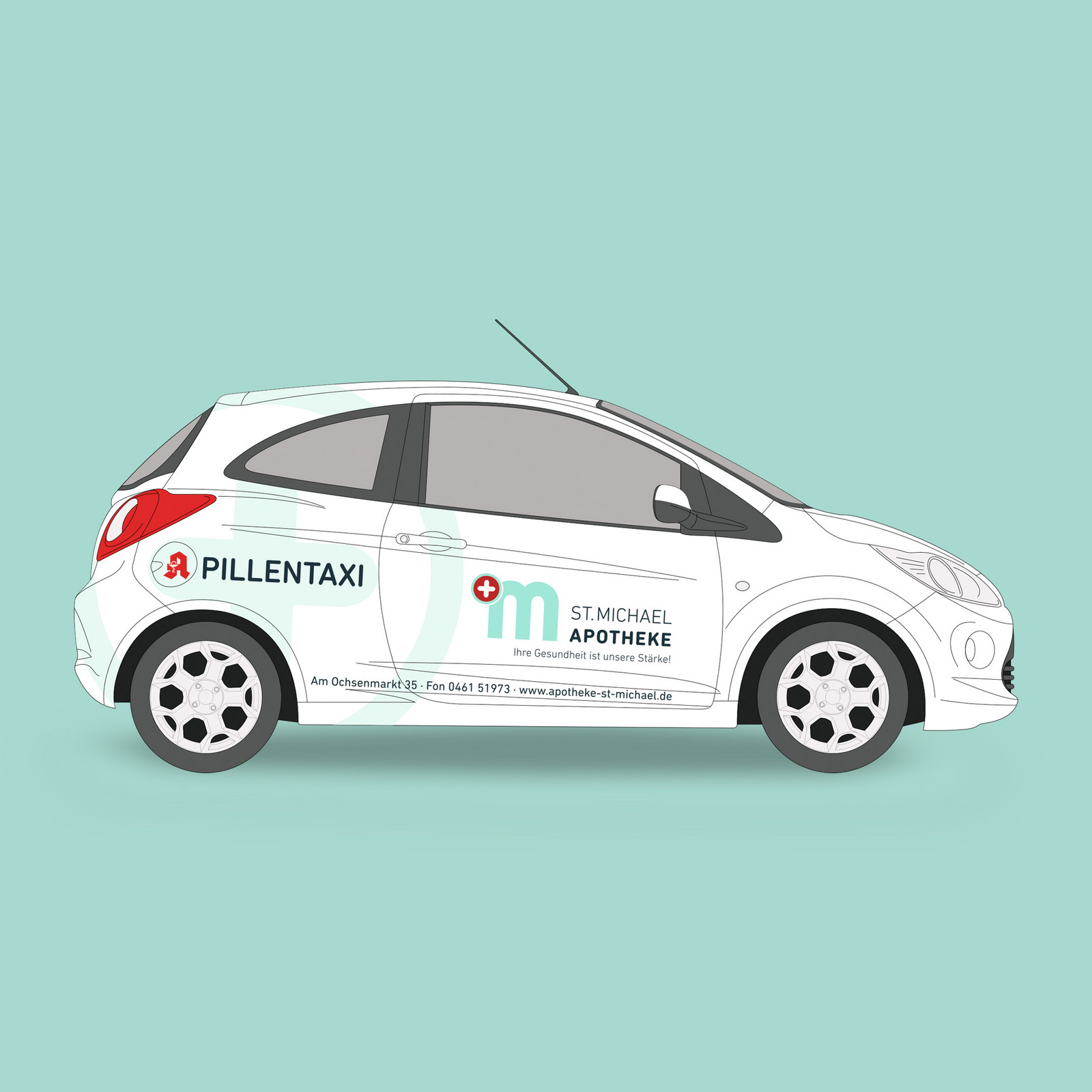 hochzwei_stmi_teaser_03.jpg Weißes Auto mit Aufdruck der St Michael Apotheke