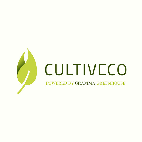 Grünzeug Logo "Cultiveco" mit grünem Blatt und Untertitel "Powered by Gramma Greenhouse"