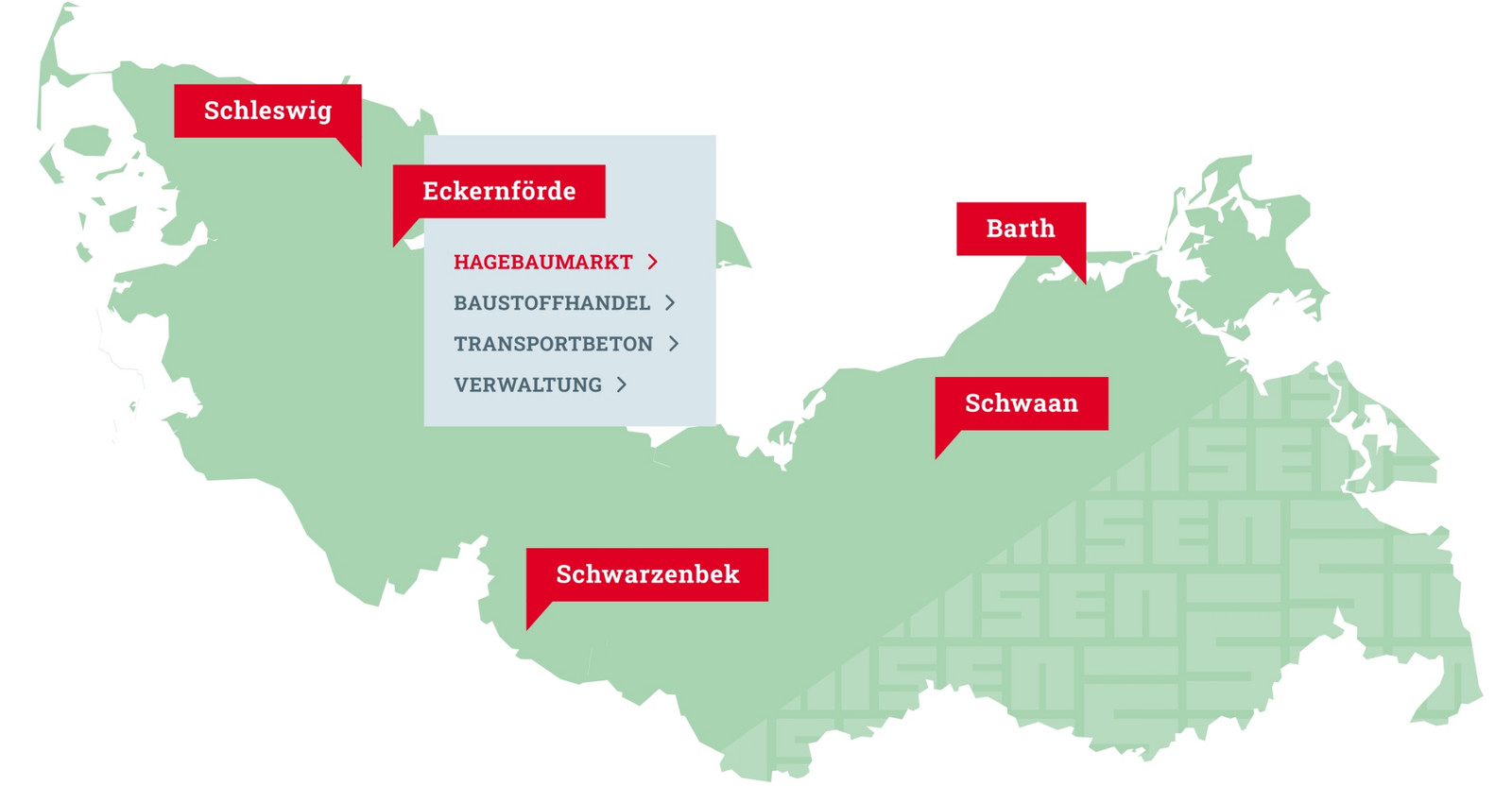 Karte von Schleswig-Holstein und Mecklenburg-Vorpommern mit den Siemsen Standorten. Schleswig, Eckernförde, Schwarzenbek, Barth und Schwaan.