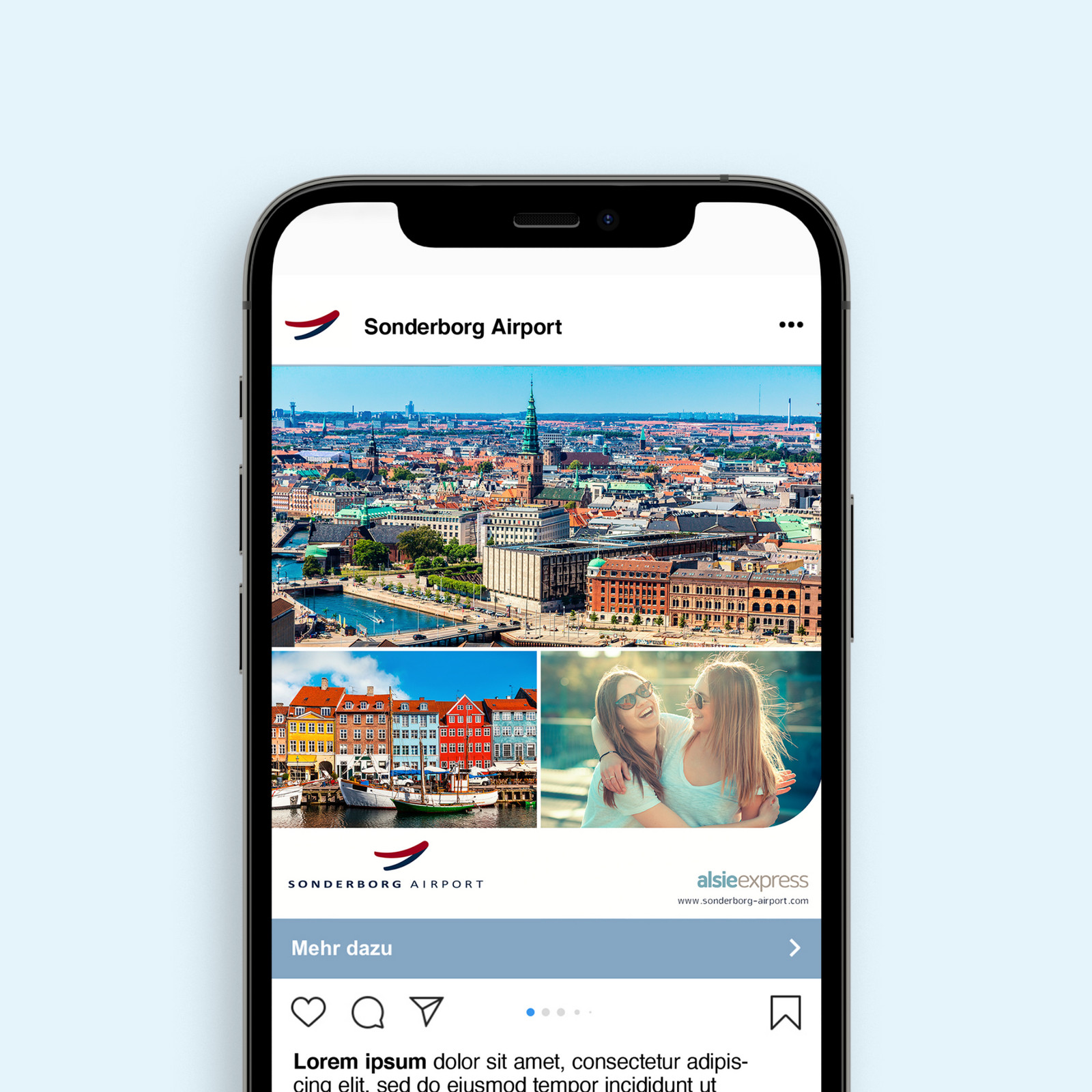 hochzwei_lufthavn_teaser_08.jpg Smartphone zeigt Beispielbeitrag auf Instagram des Sonderborg Airports