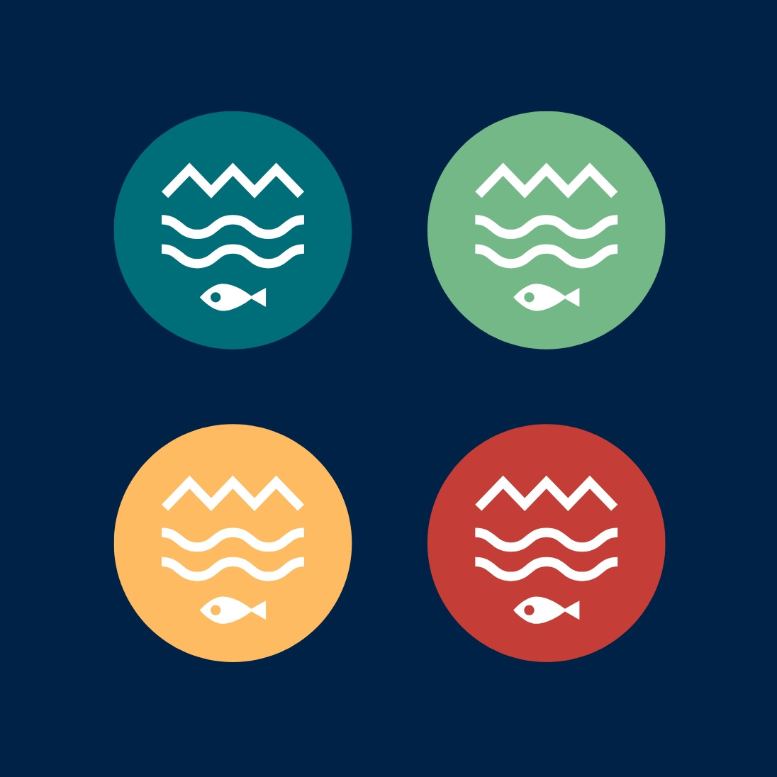 Viermal das neue Logo der Stadt Plön in den Farben dunkelgrün, hellgrün, orange und rot.