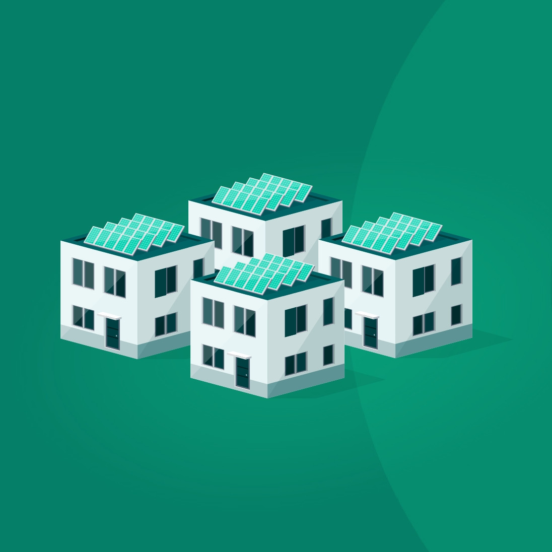 hochzwei_ENPAR_interaktives_Messetool_teaser_04.jpg Stilistische Darstellung von 4 Gebäuden mit Solar-Flachdächern.