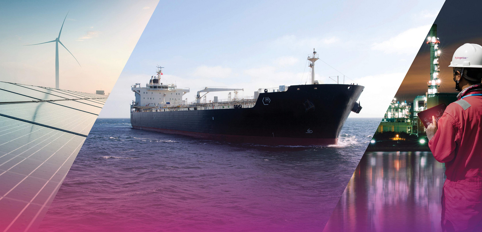 h2_hydrogenious_teaser_03.jpg Ein Dreierbild, das die Aufgaben von hydrpgenious zeigt: Wind- und Solarenergie, Schifffahrt und Wasserstoffgewinnung.