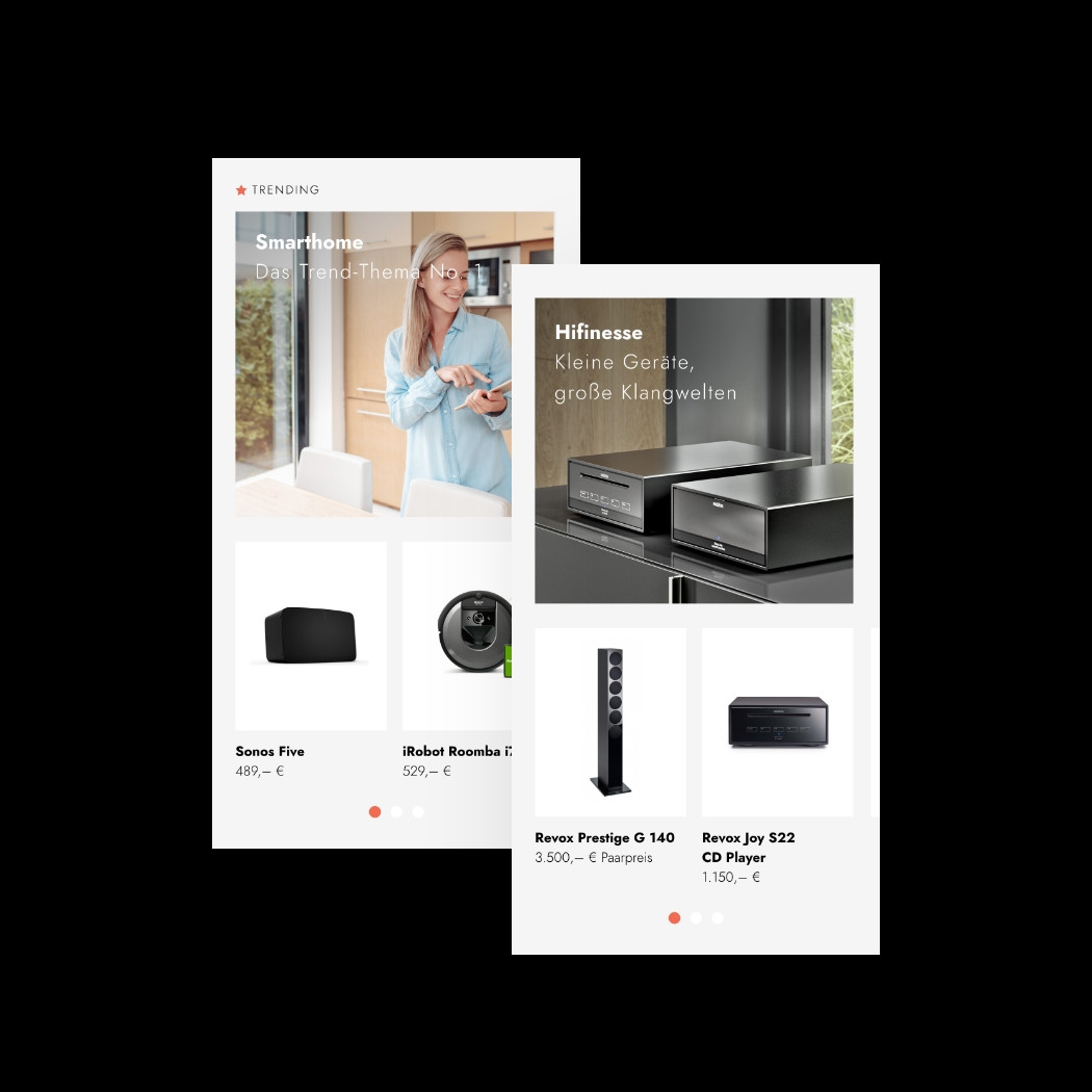 hochzwei_expert_teaser_03.jpg Zwei Unterseiten des Expert Onlineshops in mobiler Ansicht