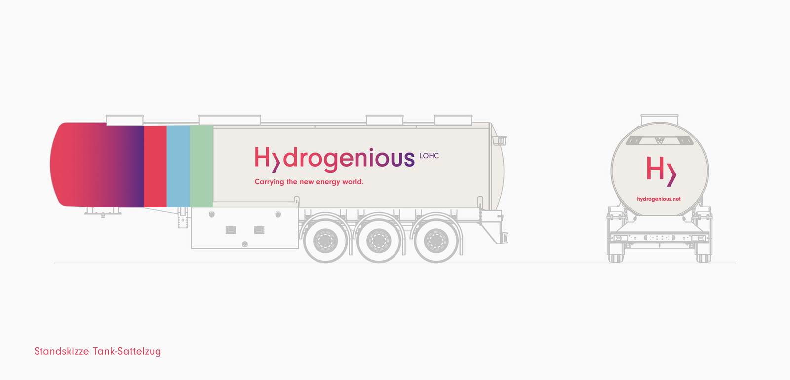h2_hydrogenious_teaser_10.jpg Standskizze für das neue Design eines Tank-Sattelzugs aus der Seiten- und Rückansicht.