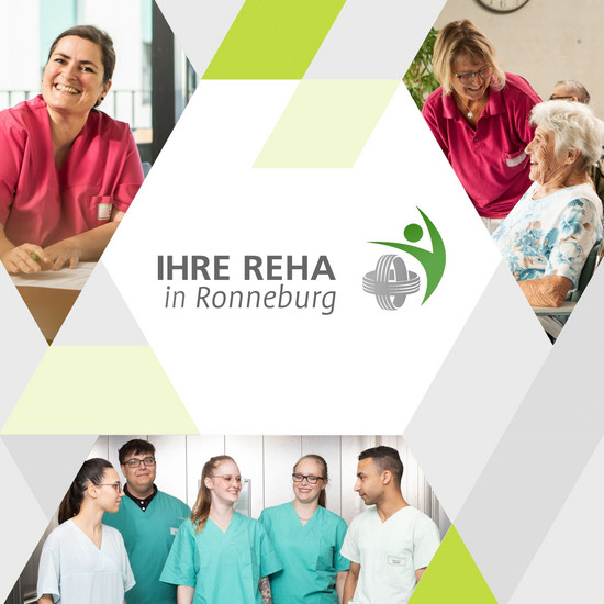 Grafik mit drei Fotos des Pflegeteams. In der Mitte Das Logo und der Schriftzug Ihre Reha in Ronneburg.