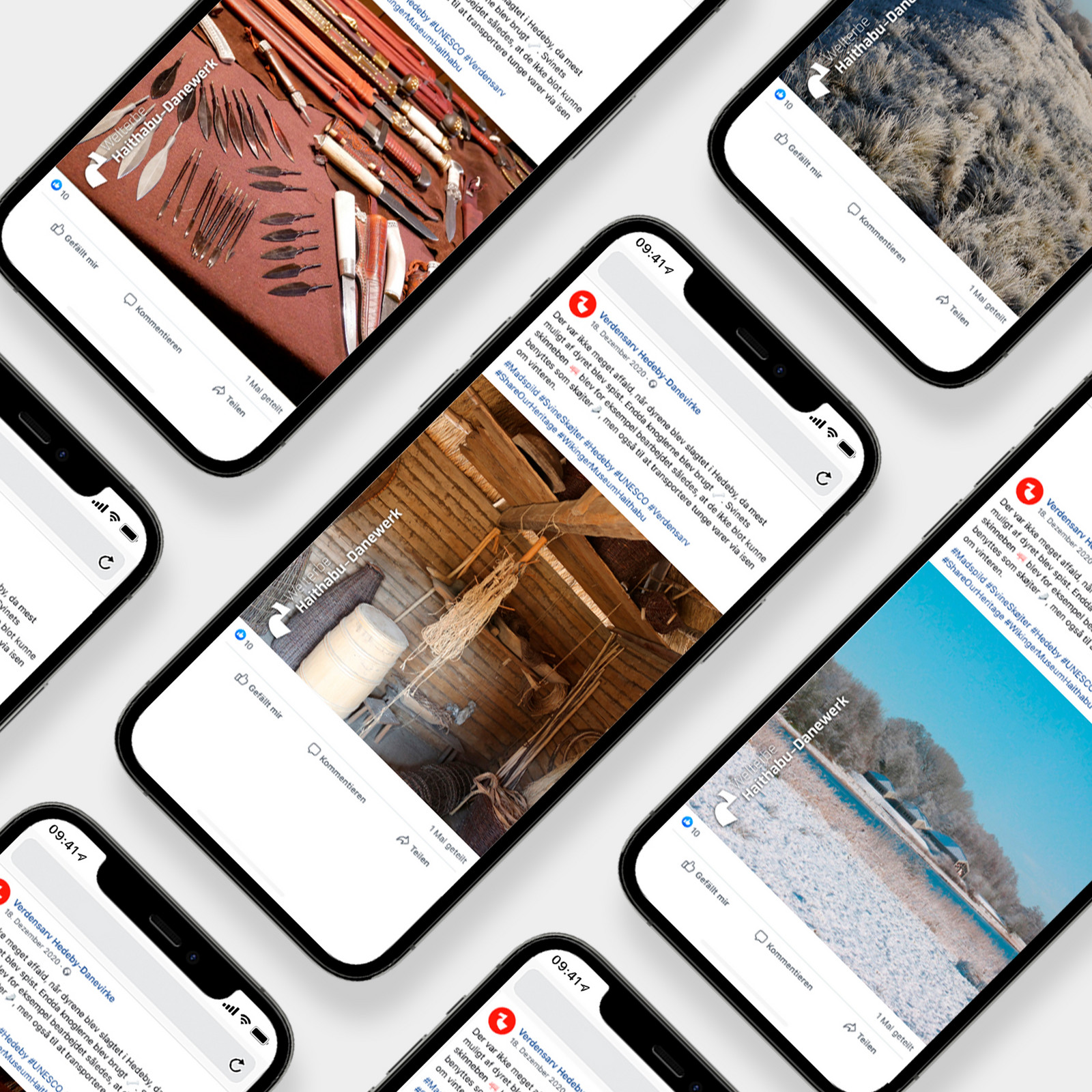 hochzwei_osfs_teaser_05.jpg Mehrere Smartsphones zeigen dänische Facebookbeiträge zum Haithabu-Museum