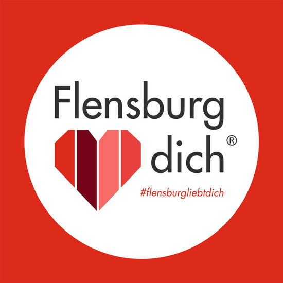 Liebevoll ... Logo mit rotem Herz "Flensburg liebt dich"