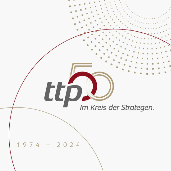 Logo (kreisförmig mit Feuerwerkvisualisierung): ttp50 - Im Kreis der Strategen, 1974 bis 2024