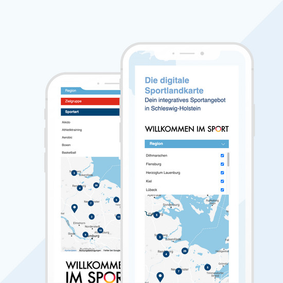 Entwicklung digitaler Landkarte für Sportangebote Zwei Smartphones mit Landkarten mit Standort markierungen der lsv