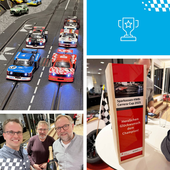 Viergeteile Grafik. Eine Nahaufnahme des Hochzwei Carrera Autos, eine digitale Grafik eines Pokals, die Holzverpackung der gewonnenen Sektflasche und ein Teamfoto mit Fabian, Frank und Björn