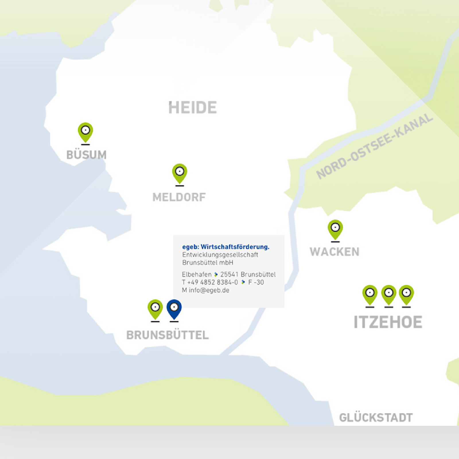 hochzwei_egeb_teaser_05.jpg Grafische Landkarte zeigt Ausschnitt von Dithmarschen mit Icons in Büsum, Heide, Brunsbüttel, Wacken und Itzehoe