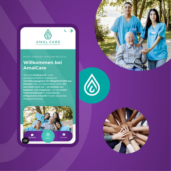 Dunkellila Grafik mit vier Elementen, einem Smartphone mit der Webseite, dem Logo, einem Foto vieler Hände übereinander und einem Foto mit zwei Angestellten und einer Patientin