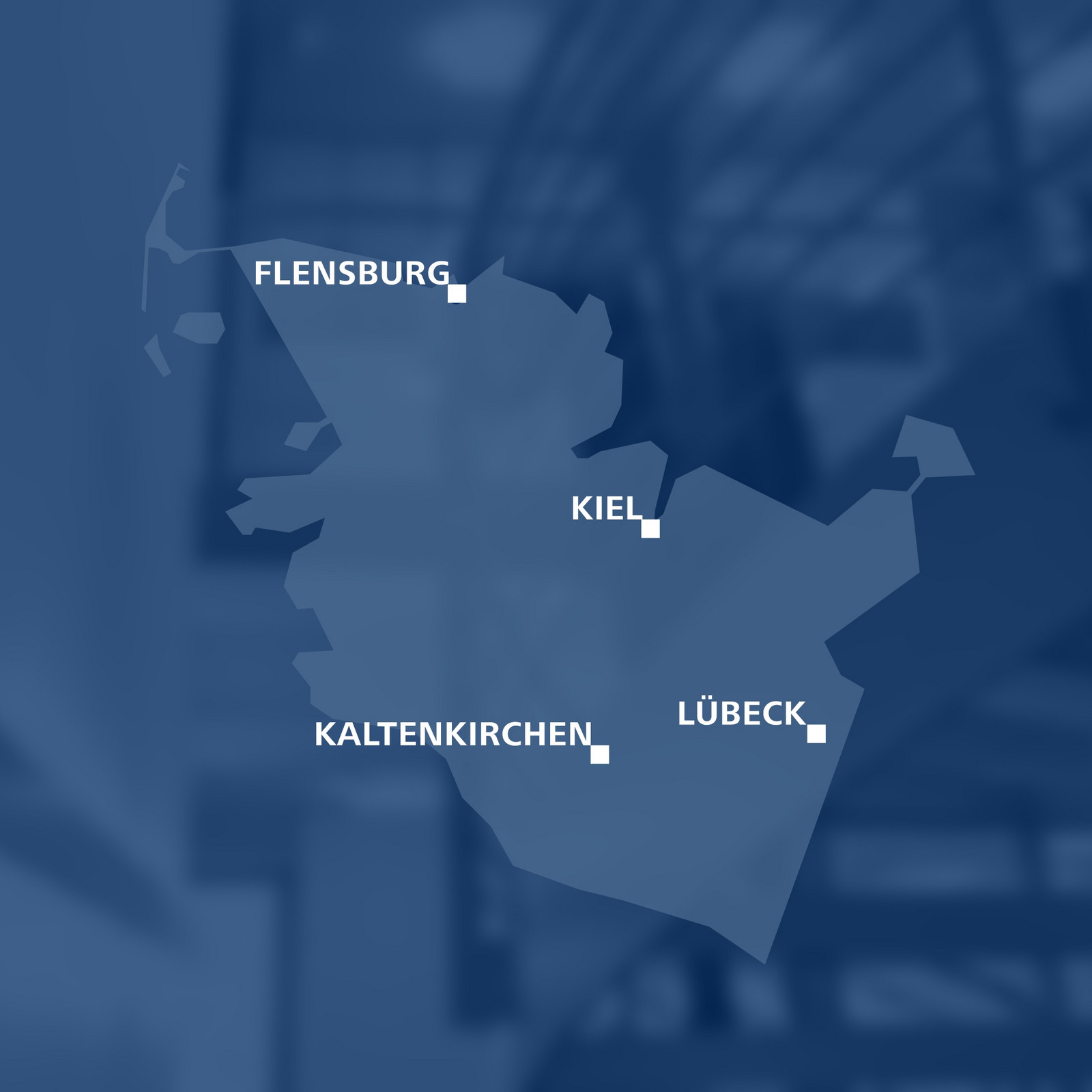 Blaue Landkarte von Schleswig-Holstein zeigt BMZs Standorte in Flensburg, Kiel, Lübeck und Kaltenkirchen