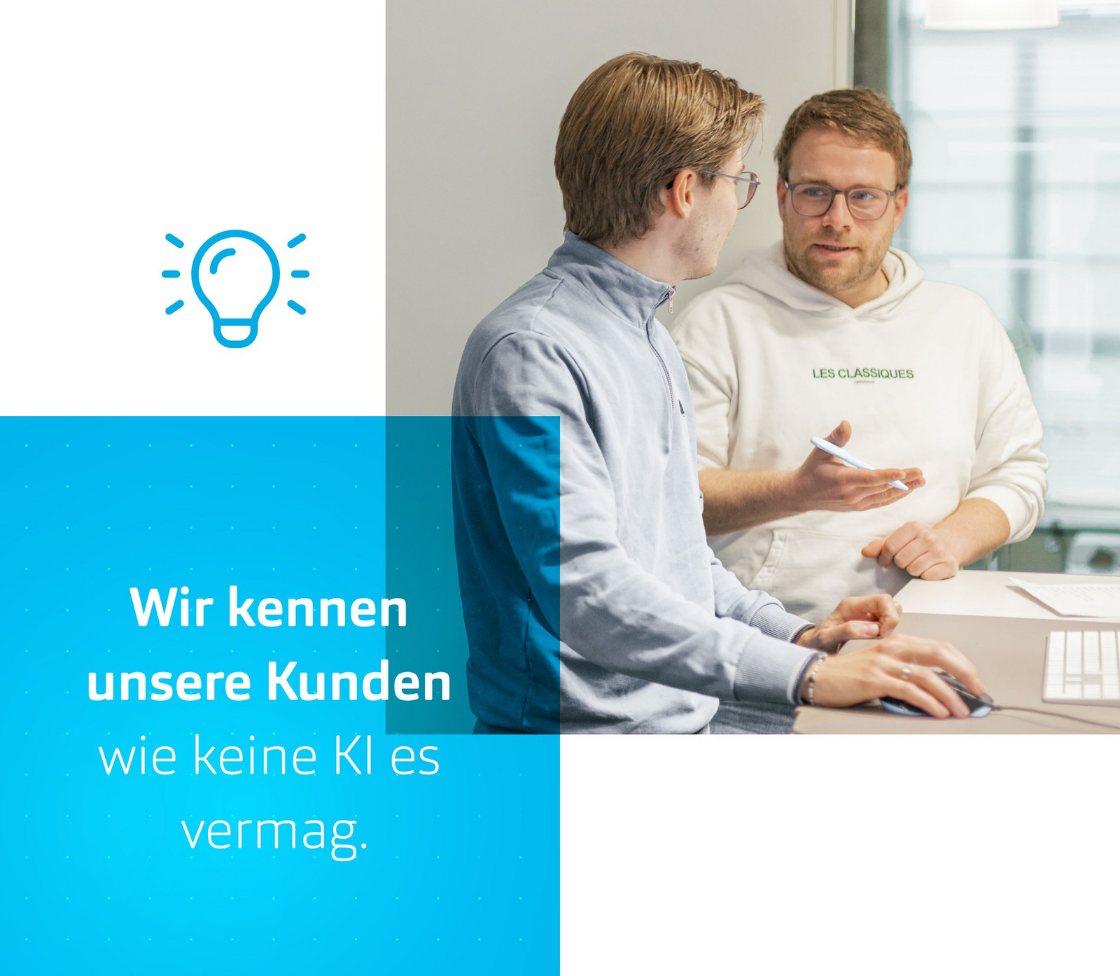 h2_einblicke_KI_teaser_01.jpg Collage: zwei HOCHZWEI-Mitarbeiter im Gespräch und Text Wir kennen unsere Kunden wie keine KI es vermag