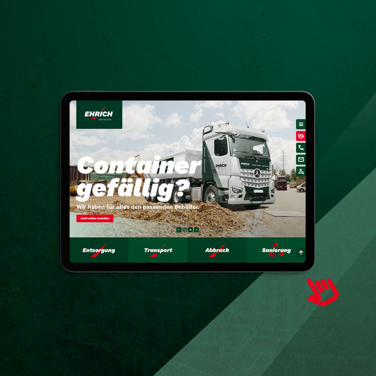 Screenshot der Startseite der Ehrich Webseite auf dunkelgrünem Hintergrund