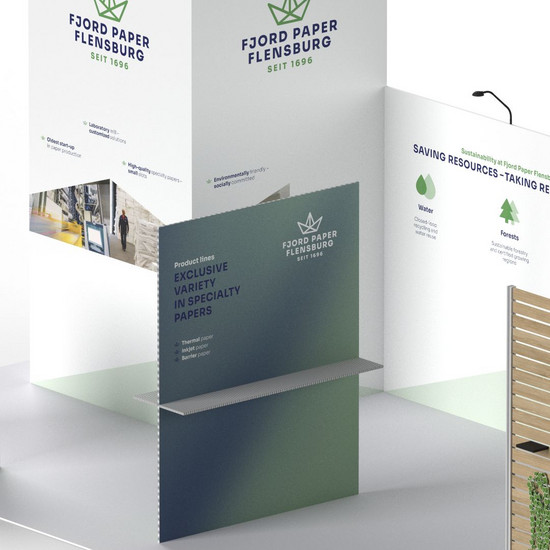 Ansicht des Messestandes von Fjord Paper Flensburg schräg von oben rechts