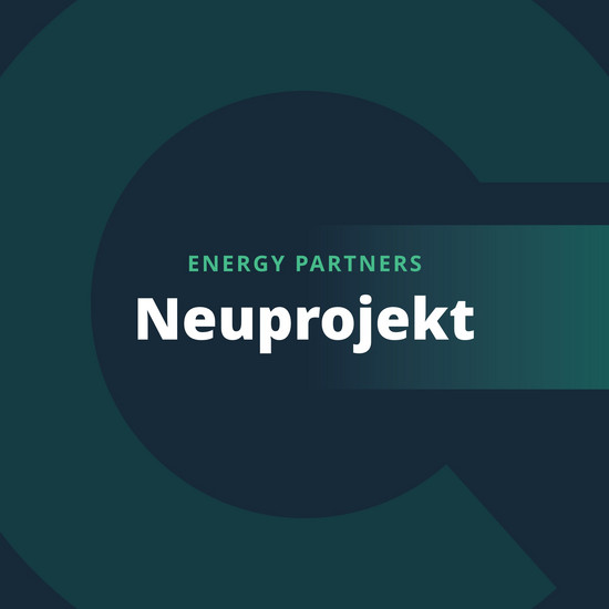 "Energy Partners Neuprojekt" vor einem sehr dunkelblauen Hintergrund in den ein kleines E für Energypartners eingearbeitet ist. (Firmenlogo)